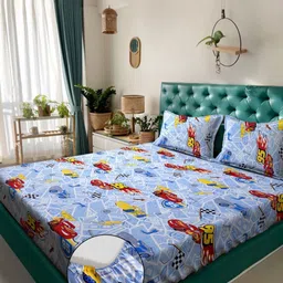 Myntra Elegant Homes Blue & White Cartoon Characters 400 TC King Bedsheet with 2 Pillow Covers-image-11