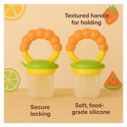 KIDS BASIC BPA Free Silicone Food Nibbler for Fruit and Veggie with Rattle Handle - Orange (Pack of 2) image 3