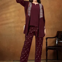 Anouk Maroon Embroidered Jacket with Short Top and Printed Trousers Co-Ords-picture-1