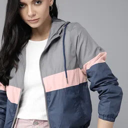 Roadster Women Grey & Navy Blue Windcheater Colourblocked Jacket-image-61