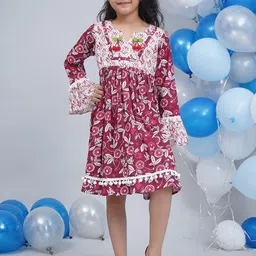 Little Bansi Floral Printed Cotton Bell Sleeve A-Line Dress With Lace Work-46
