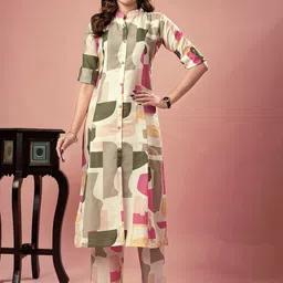 Sun Fashion And Lifestyle Geometric Printed Mandarin Collar A-Line Kurta With Trousers-picture-47