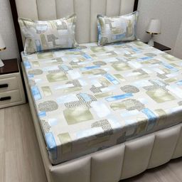 Pure Decor Beige & Blue Geometric Queen Bedsheet with 2 Pillow Covers-image-96