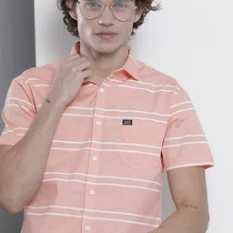 The Indian Garage Co Men Peach-Coloured & White Horizontal Striped Cotton Casual Shirt-image-4