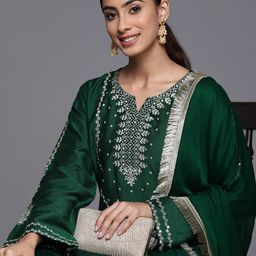 Varanga Women Round Neck Sequinned & Zari Kurta & Trouser With Fringed Detail Dupatta-15
