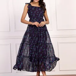 Mast & Harbour Women Floral Print Flutter Sleeve Georgette Empire Maxi Dress-image-9