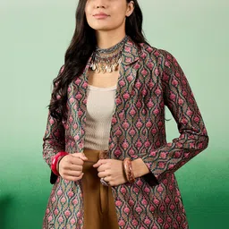 Sangria Printed Lapel Collar Front Open Jacket-20