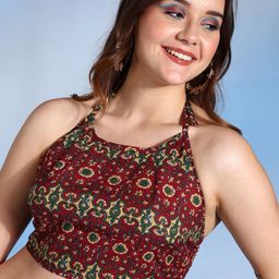 YASH GALLERY Printed Cotton Halter-Neck Backless Crop Top-image-98