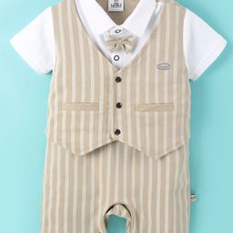 Mini Taurus Half Sleeves Party Wear Striped Romper - Beige-image-99