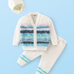 Babyhug Full Sleeves Baby Sweater Set with Cap Chevron Design - Off White & Blue-image-75