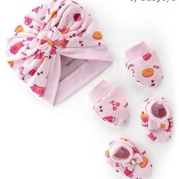 Babyoye Eco Conscious 100% Cotton Cap Mitten & Booties Donuts Print Pink - Diameter 18.5 cm-image-11