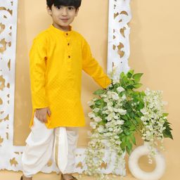 MoMaa Full Sleeves Self Designed Cotton Silk Kurta With Zari Work Detailed Dhoti - Yellow-picture-9