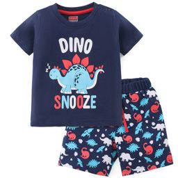 Babyhug Cotton Knit Half Sleeves Night Suit Dino Print - Navy Blue-image-81