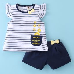 ToffyHouse Cotton Knit Half Sleeves Top & Shorts Set with Floral & Text Embroidery - Navy Blue-image-77