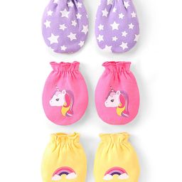 Babyhug 100% Cotton Knit Stars & Unicorn Printed Mittens Pack of 3 - Purple Pink & Yellow-image-53