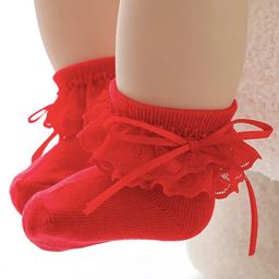Flaunt Chic Lace Bow & Frill Detailed Ankle Socks  - Red-10