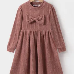 Kookie Kids Full Sleeves Solid Colour Party Frock with Bow Applique - Pink-picture-22