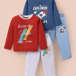 OHMS Single Jersey Full Sleeves T-Shirts with Lounge Pants Text & Rocket Print Pack of 2 - Red & Navy Blue-image-46