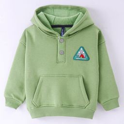 Little Kangaroos Cotton Fleece Knit Full Sleeves Drop Shoulder Hooded Sweatshirt with Patch Detailing & Kangaroo Pockets - Light Green-image-54
