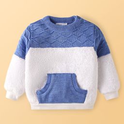 Babyoye Knit Full Sleeves Sweater with Kangaroo Pockets - Blue & White-image-50