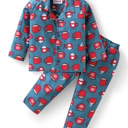 Babyhug Cotton Woven Full Sleeves Night Suit With Hot Chocolate Print - Teal Blue-image-16