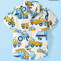 Babyhug Cotton Knit Half Sleeves Shirt With Vehicle Print - White-image-87