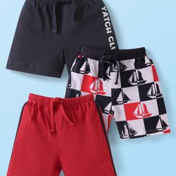 Babyhug Cotton Single Jersey Knit Mid Thigh Length Shorts with Nautical Theme Print & Tape Detailing Pack of 3 - Black & Red-image-73