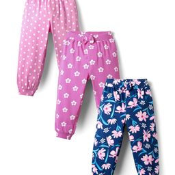 Babyhug Terry Knit Full Length Lounge Pants With Polka Dots & Floral Print Pack Of 3 - Pink Royal Blue & Plum-image-73