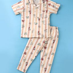CUCUMBER Sinker Knit Half Sleeves Night Suit with Beach Theme Print & Stripes - White-image-56