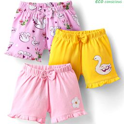 Babyoye 100% Cotton Knit With Eco Jiva Finish Swan & Floral Printed Shorts With Bow Applique Pack of 3 - Pink & Yellow-image-7
