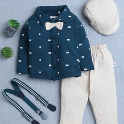 BUMZEE Cotton Knit Full Sleeves Abstract Printed Shirt With Trouser Suspender Bow & Cap Set - Beige & Teal-image-54