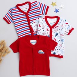 BUMZEE Cotton Knit Half Sleeves Jhablas with Stripes & Football Print Pack of 3 - White & Red-image-98