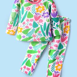 Babyhug Cotton Knit Full Sleeves Co-Ord Nightsuit with Floral Print - White & Light Green-image-49