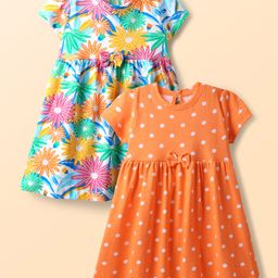 Babyhug Single Jersey Knit Half Sleeves Frocks with Polka Dot & Floral Print & Bow Applique Pack of 2 - Orange & Light Green-image-21