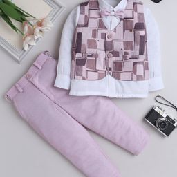 Fourfolds Full Sleeves Solid Shirt With Abstract Printed Waistcoat Trousers & Bow Set - Pink-image-48