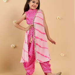 Pspeaches Silk Sleeveless Bandhani Printed & Lace Embellished Top & Dhoti With Shrug Set - Pink-picture-11