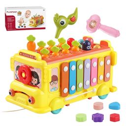 PLUSPOINT School Bus Activity Toy for Kids Multifunctional Pull-Along Bus with Gears, Teaching Clock, Fishing Game Color Matching Shape Puzzles Whack-a-mole Toddler Musical Toy-13