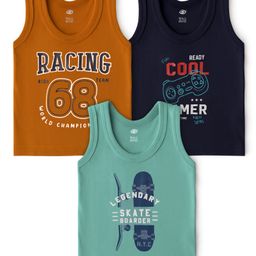 Zero Sinker Knit Sleeveless Vests With Text Print Pack Of 3 - Navy Blue Mustard & Turquoise-picture-8