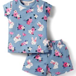 Ollypop Sinker Knit Half Sleeves Co-Ords Shorts Night Suit With Floral & Bunny Print - Light Blue-image-91