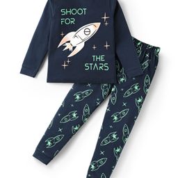 Unicorns Cotton Woven Full Sleeves Space Theme Printed Coordinating Night Suit Set - Navy Blue-image-72