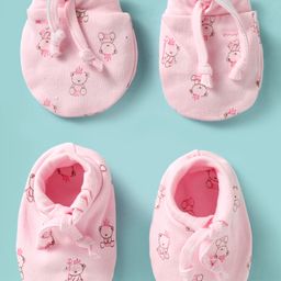 Simply Cotton Interlock Knit Mitten & Booties Set with Teddy Print - Pink-15