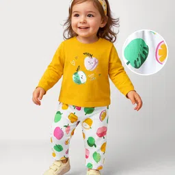 Babyoye 100% Cotton Knit Full Sleeves Night Suit With Tropical Theme Print - Yellow & White-picture-10