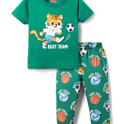 Babyhug Cotton Knit Half Sleeves Night Suit With Tiger Print - Green-image-94
