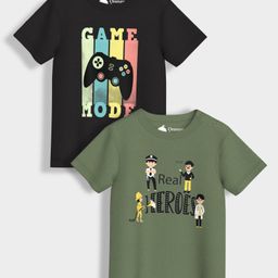 Orange Sugar 100% Cotton Knit Pack Of 2 Half Sleeves Game Mode & Real Heroes Text Printed Tees - Olive Green & Black-16