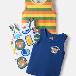 Babyhug 100% Cotton Sandos with Bear Print & Stripes Pack of 3 - Yellow Navy Blue & White-image-34