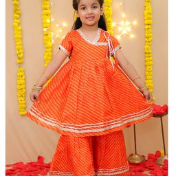 BownBee Cotton Woven Half Sleeves Lehriya Printed & Gota Lace Embellished Coordinating Kurti Sharara Set - Orange-image-41