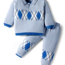 ToffyHouse Cotton Knit Full Sleeves Collar Neck Winter Wear Suit Set With Geometry Design - Light Blue-picture-11