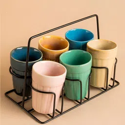 ARAVALII Green & Pink Crafted Ceramics Printed Ceramic Glossy Kulladhs Set of Cups and Mugs-6