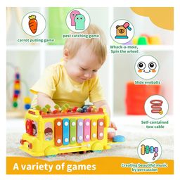 PLUSPOINT School Bus Activity Toy for Kids Multifunctional Pull-Along Bus with Gears, Teaching Clock, Fishing Game Color Matching Shape Puzzles Whack-a-mole Toddler Musical Toy image 2