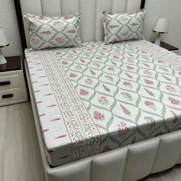 Pure Decor Royal Passion Green & Coral Floral Cotton 260TC Queen Bedsheet Set-2.28mX2.54m-image-66